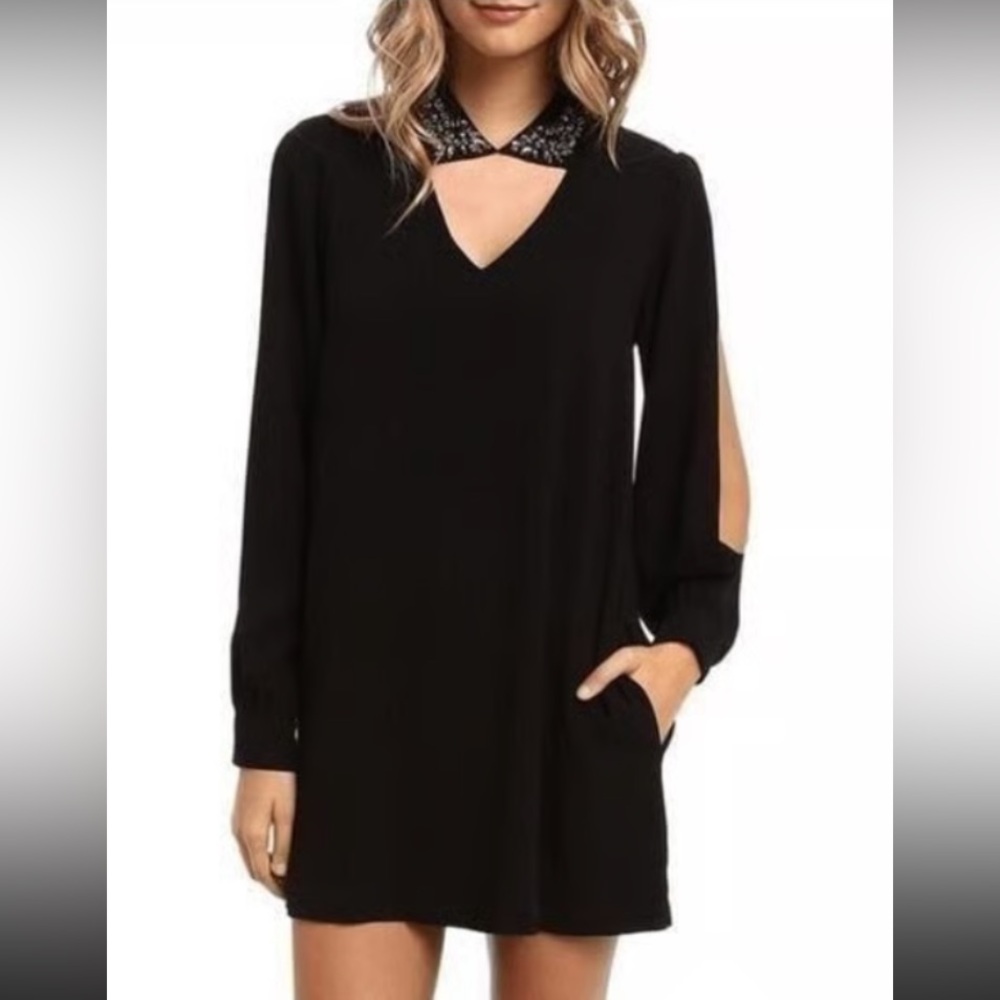 BCBG -long open sleeves ,front cutout jeweled collar detailing